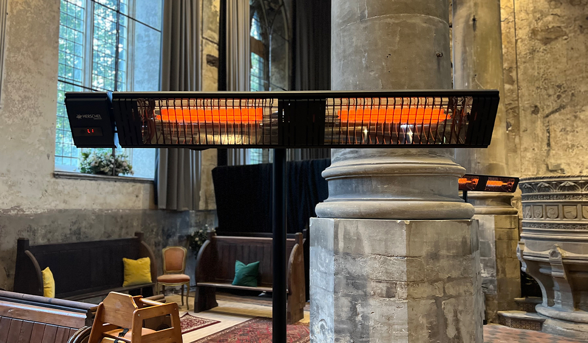 Stand mounted Manhattan heaters used to Heat an open cold church in Bristol