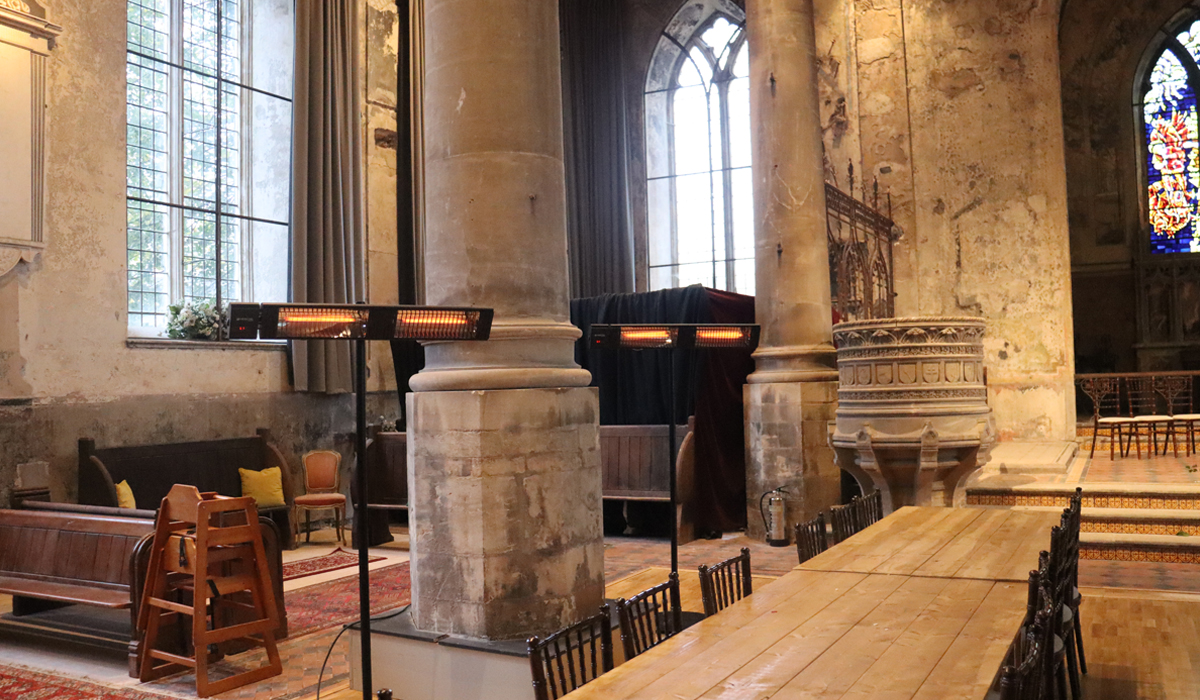 Stand mounted Manhattan heaters used to Heat an open cold church in Bristol