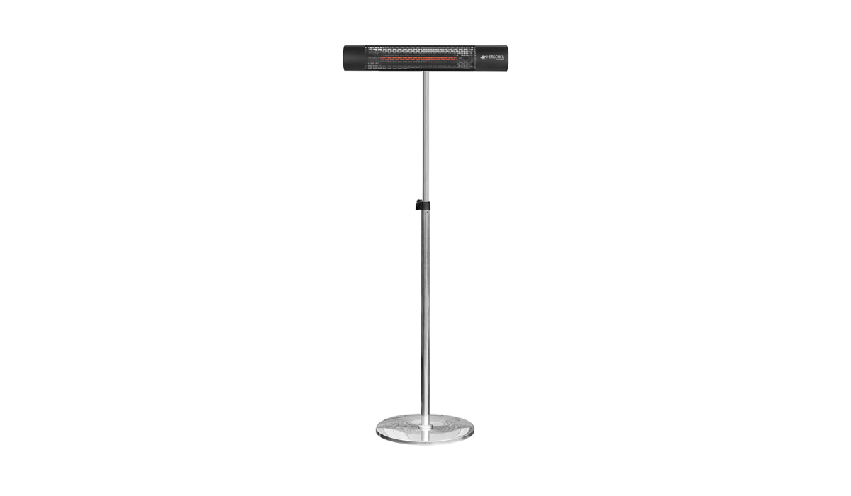California Black freestanding electric patio heater on Silver stand