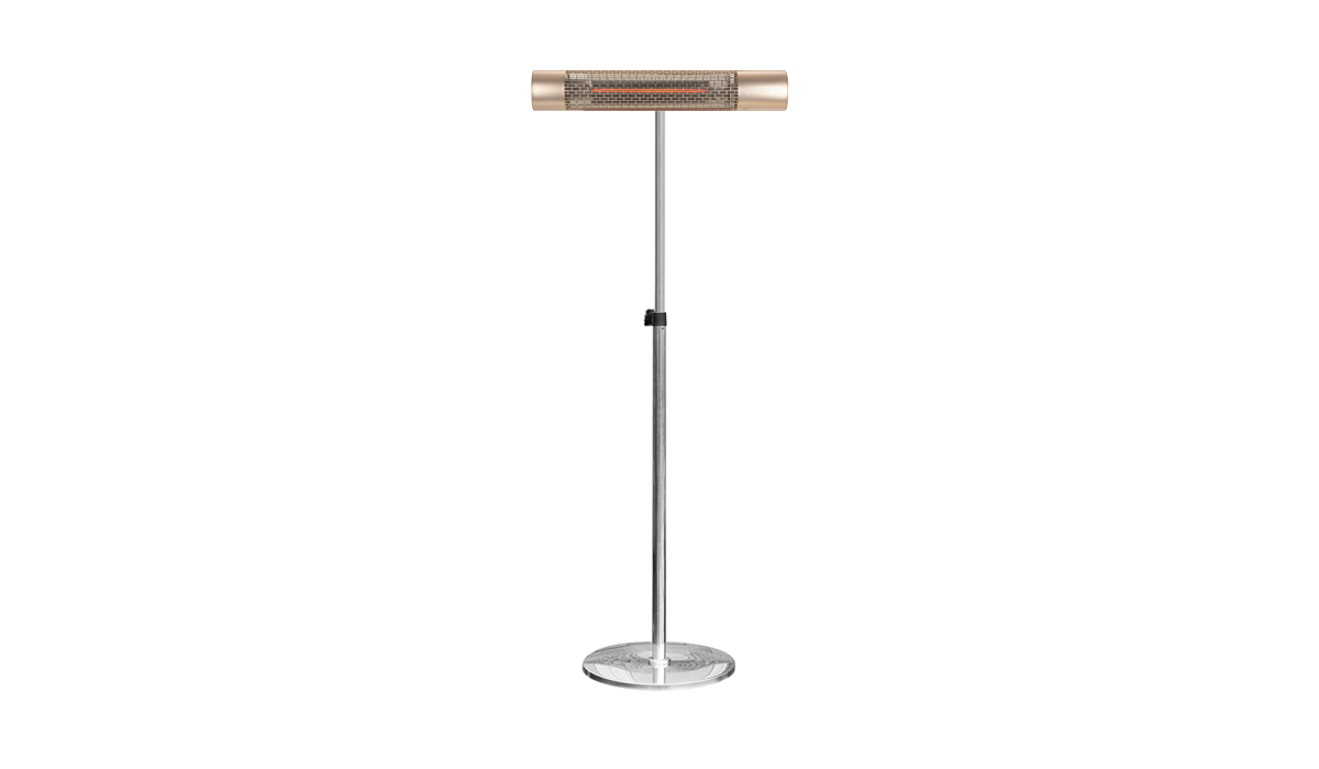 California Gold freestanding electric patio heater on silver stand