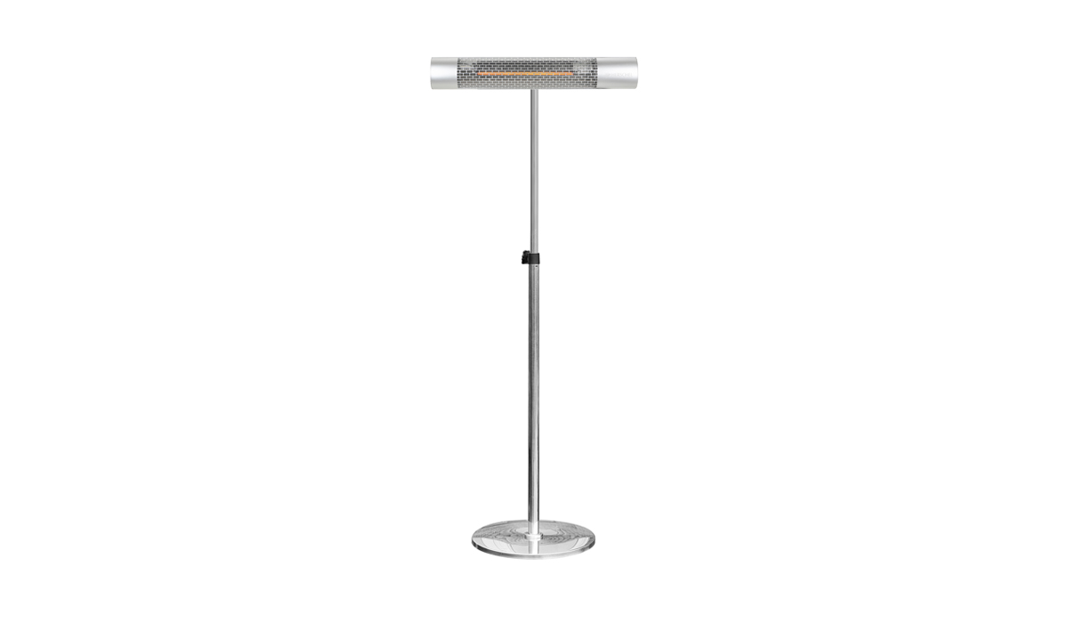 California Silver freestanding electric patio heater on silver stand
