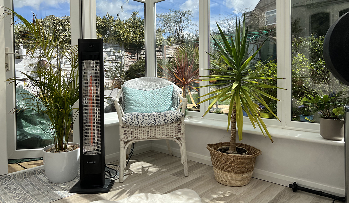 Malibu portable infrared patio heater in a conservatory