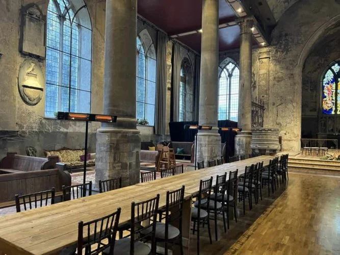 Stand mounted Manhattan heaters used to Heat a cold open church in Bristol