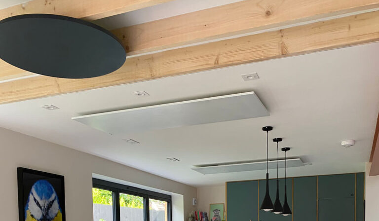 Herschel Select XLS Round and White Panel heaters installed on ceiling