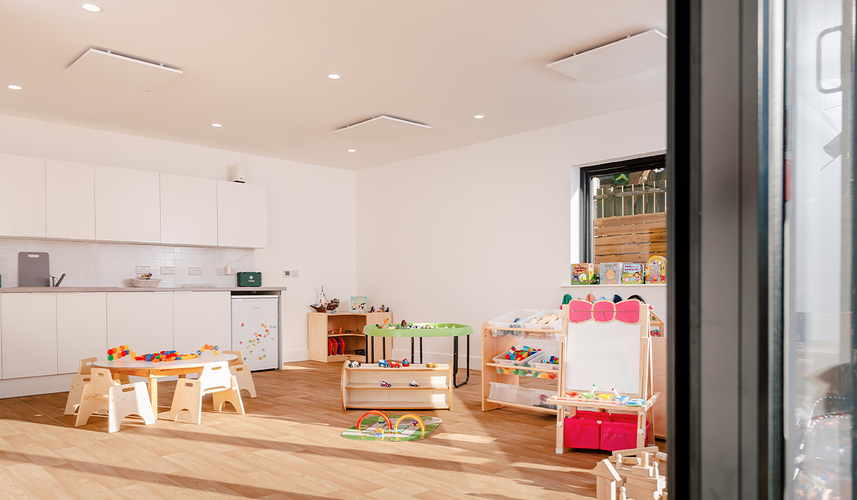Infrared heating panels installed on the ceiling in a nursery classroom