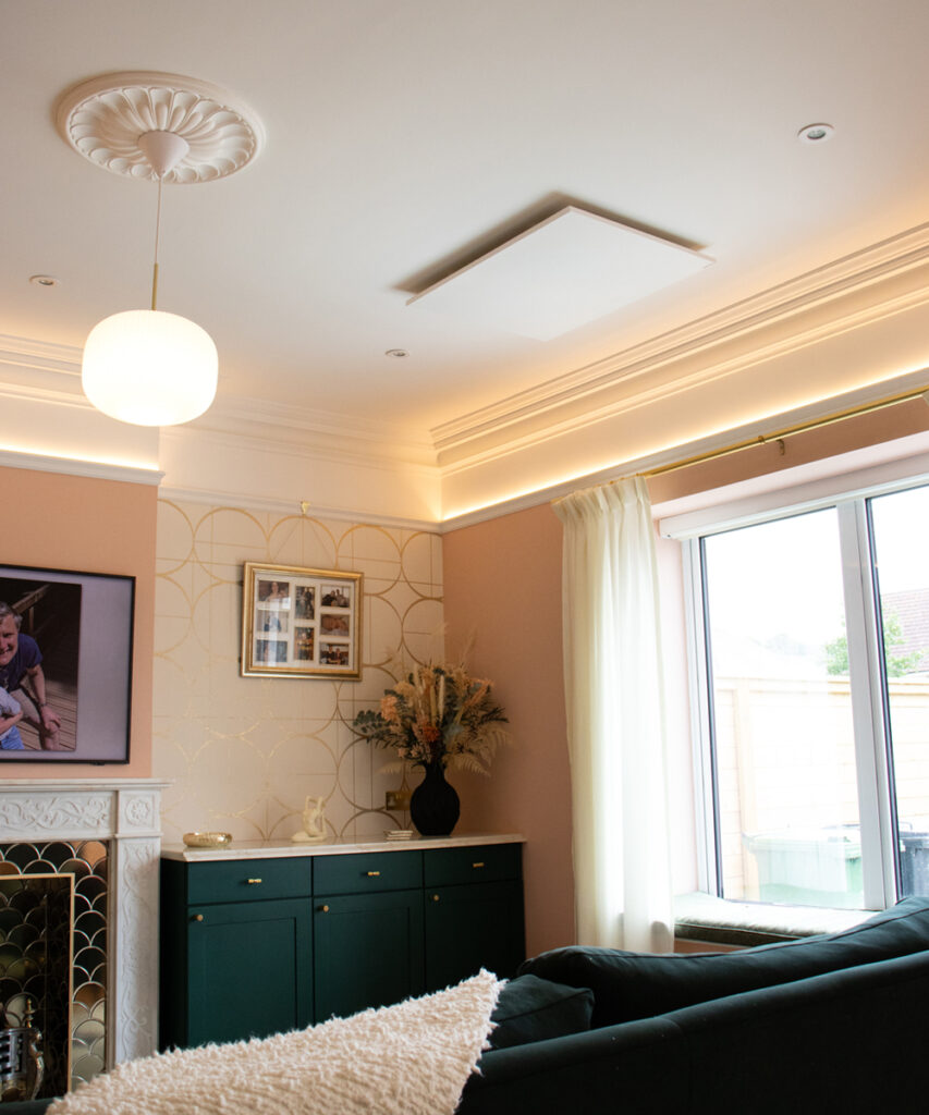 Herschel Comfort infrared panels installed in modern living room ceiling