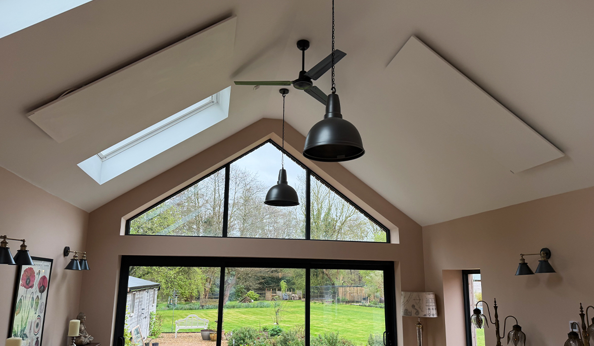 HErschel Comfort infrared heating panels ceiling-mounted in customer's garden room